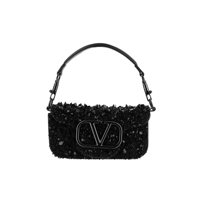 Valentino Locò Silk Blend With Leather Trim Shoulder Bag Crossbody Bag Handbag Small Size Women's Black-0