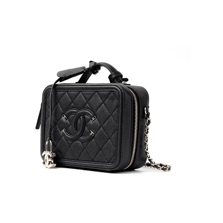 CHANEL Calfskin And Metal Makeup Bag, Box Shaped Bag, Shoulder Bag, Crossbody Bag, Handbag Women's Black-1