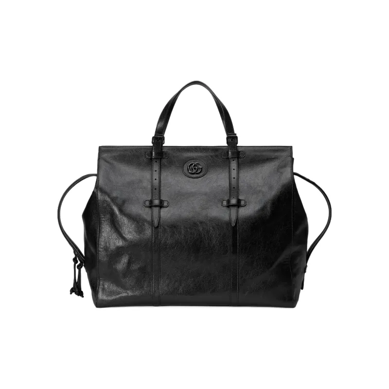 GUCCI Leather Tote Bag Shopping Bag Handbag Large Size Men's Black-0