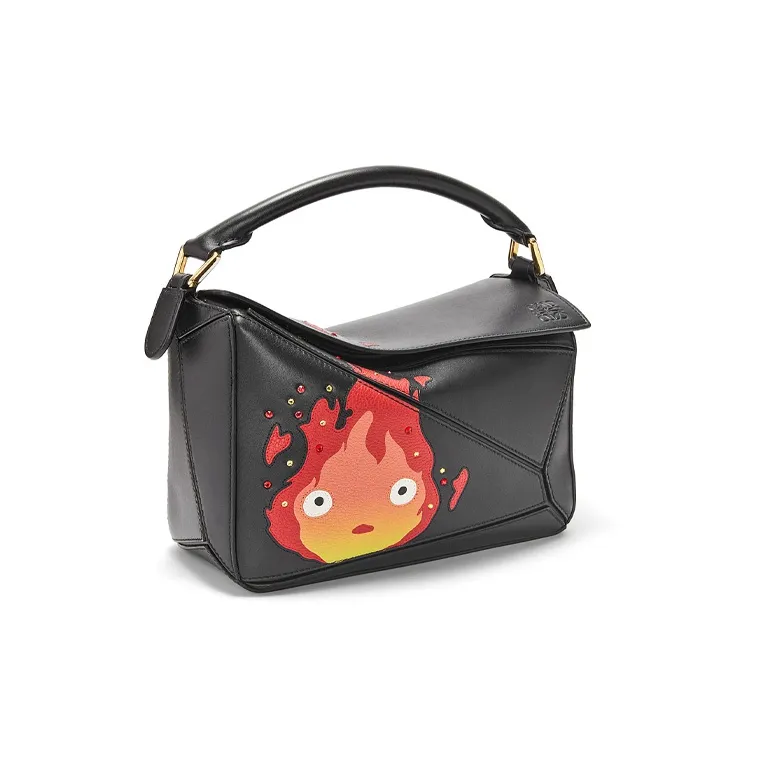 LOEWE Howl's Moving Castle Puzzle Satin Cow Leather Shoulder Bag Crossbody Bag Handbag Small Size Women's Black-1