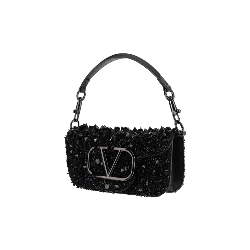 Valentino Locò Silk Blend With Leather Trim Shoulder Bag Crossbody Bag Handbag Small Size Women's Black-1