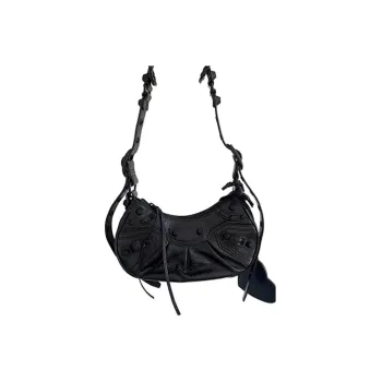 Balenciaga Le Cagole Fine Grained Sheepskin Crescent Bag Biker Shoulder Bag Mini Women's Black