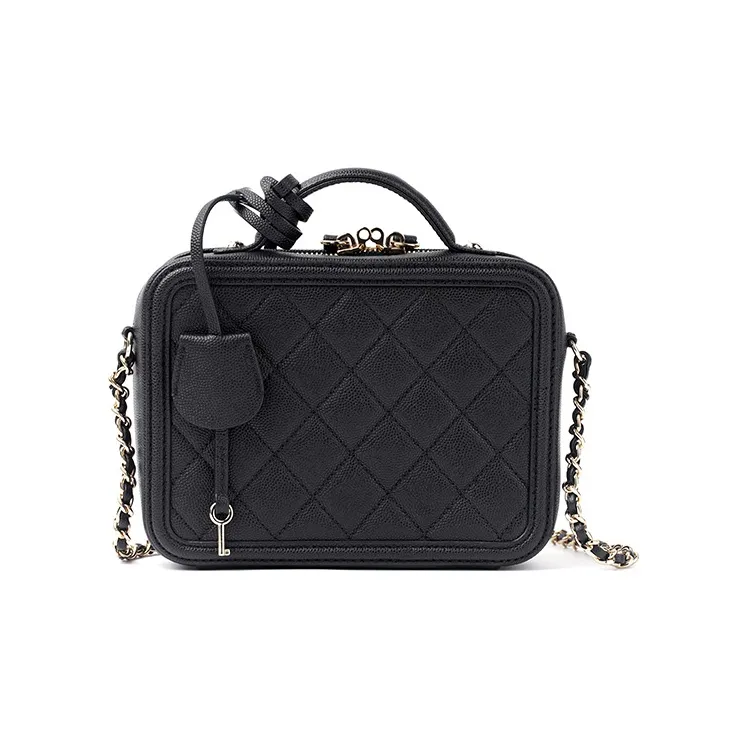 CHANEL Calfskin And Metal Makeup Bag, Box Shaped Bag, Shoulder Bag, Crossbody Bag, Handbag Women's Black-2