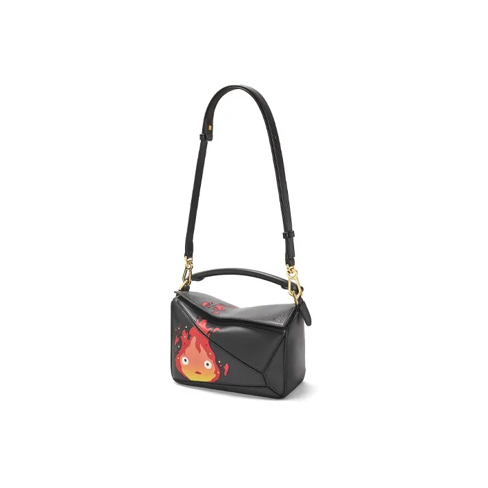 LOEWE Howl's Moving Castle Puzzle Satin Cow Leather Shoulder Bag Crossbody Bag Handbag Small Size Women's Black-4