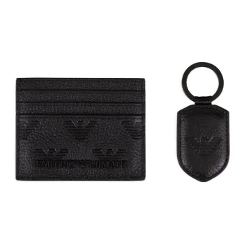 EMPORIO ARMANI Cow Leather Card Holder Keychain Gift Box Set Small Size Men's Black