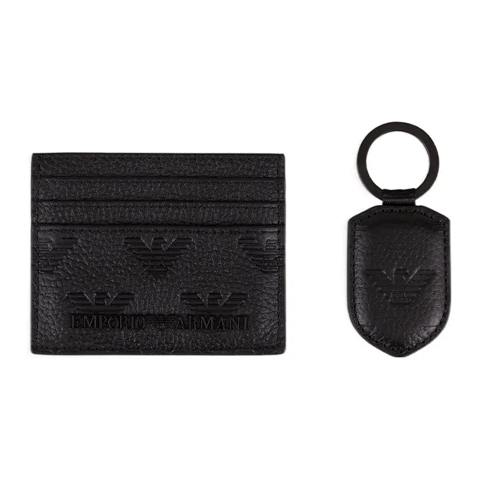 EMPORIO ARMANI Cow Leather Card Holder Keychain Gift Box Set Small Size Men's Black-0
