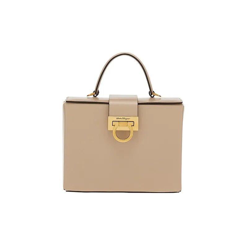 FERRAGAMO Trifolio Cow Leather Small Square Bag, Shoulder Bag, Crossbody Bag, Handbag Women's Beige-0