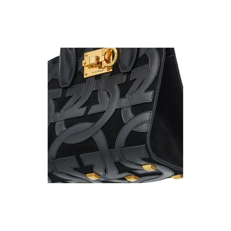 FERRAGAMO Studio Goat Suede Patchwork With Calfskin Box Bag Shoulder Bag Crossbody Bag Handbag Regular Women's Black-3