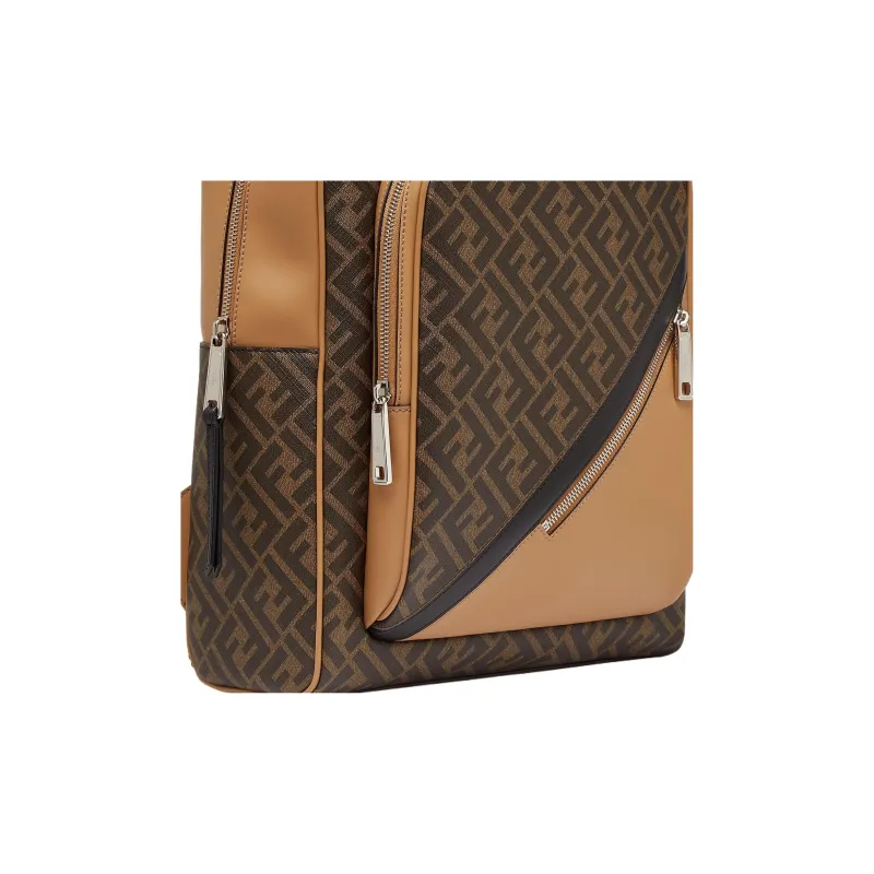 FENDI Cotton With Calfskin Backpack Men's Brown-5