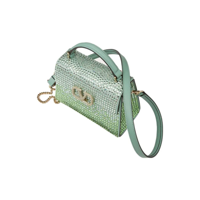 Valentino VSLING Rhinestone Appliqué Shoulder Bag Crossbody Bag Handbag Mini Women's Green-4