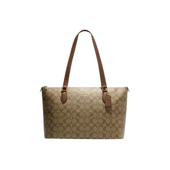 COACH Zip Top Tote Canvas With Leather Tote Bag, Shopping Bag, Handbag, Shoulder Bag Women's Khaki & White