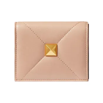 Valentino ROMAN STUD Napa Calf Leather Card Holder Wallet Small Size Women's Cinnamon Pink