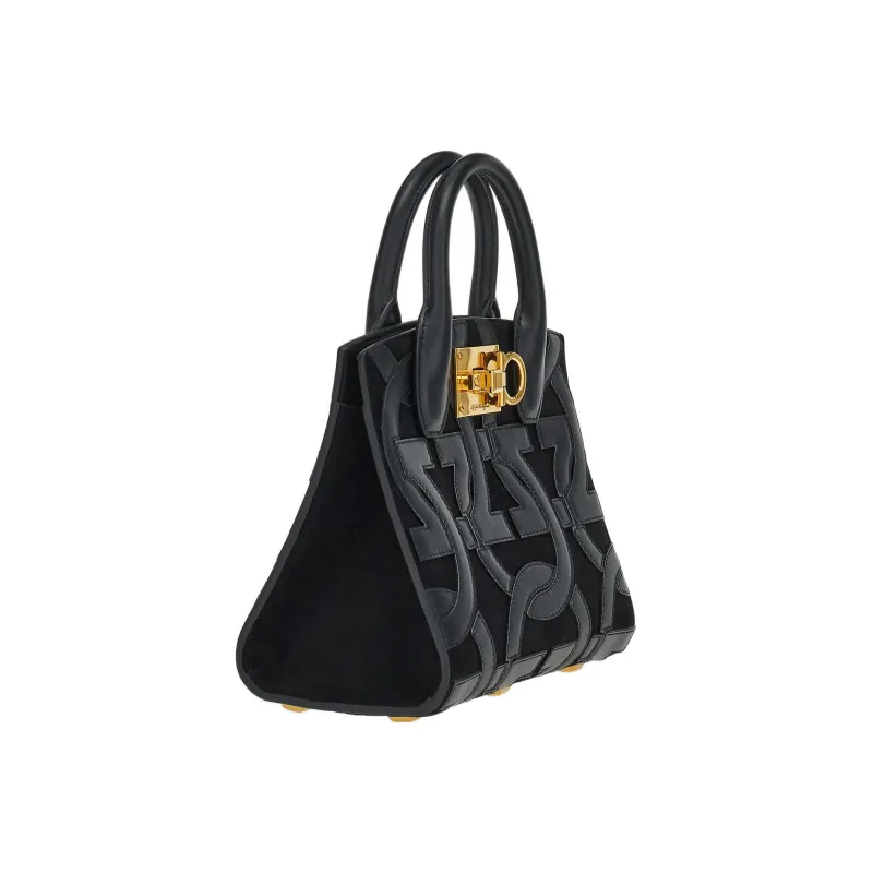 FERRAGAMO Studio Goat Suede Patchwork With Calfskin Box Bag Shoulder Bag Crossbody Bag Handbag Regular Women's Black-1