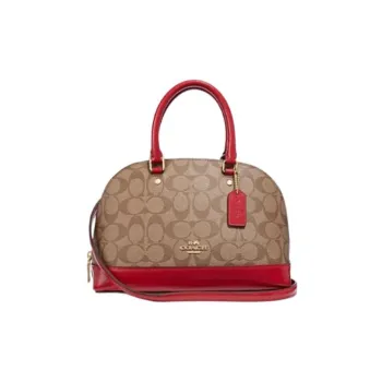 COACH Sierra Canvas With Leather Dome Bag Crossbody One Shoulder Handbag Mini Women's Khaki & Red