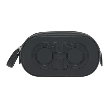 FERRAGAMO Calfskin Clutch Travel Bag Men's Black