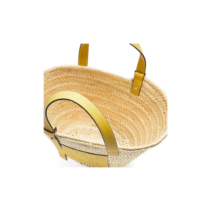 LOEWE Haruki's Mobile Castle Collaboration Basket Palm Leaf Cow Leather Patchwork Handbag Women's Peach Symbol Yellow-3
