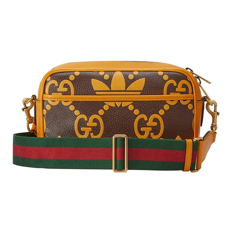 GUCCI Adidas Collaboration Leather Camera Bag Shoulder Bag Crossbody Bag Small Size Men's Brown/Yellow-3
