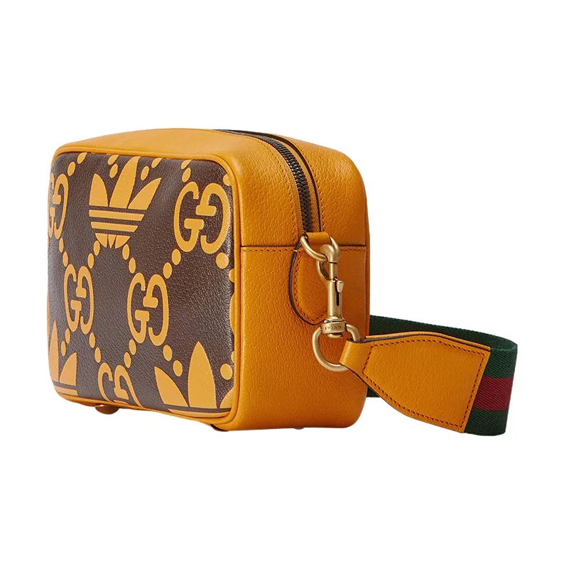 GUCCI Adidas Collaboration Leather Camera Bag Shoulder Bag Crossbody Bag Small Size Men's Brown/Yellow-1