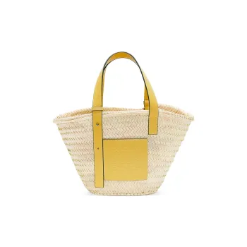 LOEWE Haruki's Mobile Castle Collaboration Basket Palm Leaf Cow Leather Patchwork Handbag Women's Peach Symbol Yellow