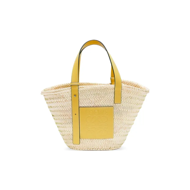 LOEWE Haruki's Mobile Castle Collaboration Basket Palm Leaf Cow Leather Patchwork Handbag Women's Peach Symbol Yellow-0