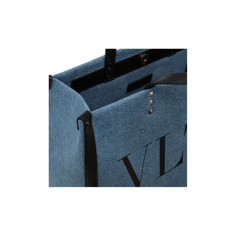 Valentino VLTN Denim Tote Bag, Shopping Bag, Handbag Medium Size Men's Denim Blue/Black-5
