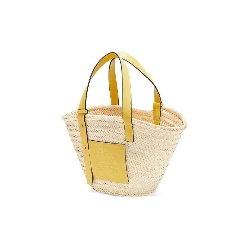 LOEWE Haruki's Mobile Castle Collaboration Basket Palm Leaf Cow Leather Patchwork Handbag Women's Peach Symbol Yellow-1