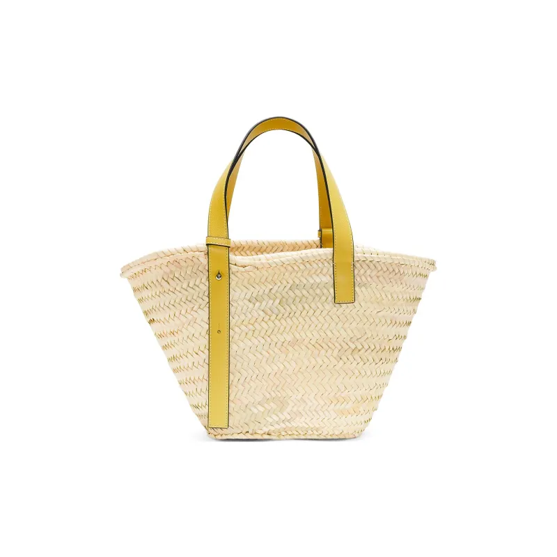 LOEWE Haruki's Mobile Castle Collaboration Basket Palm Leaf Cow Leather Patchwork Handbag Women's Peach Symbol Yellow-2