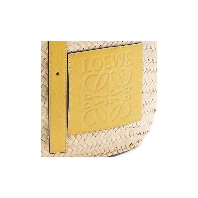 LOEWE Haruki's Mobile Castle Collaboration Basket Palm Leaf Cow Leather Patchwork Handbag Women's Peach Symbol Yellow-4