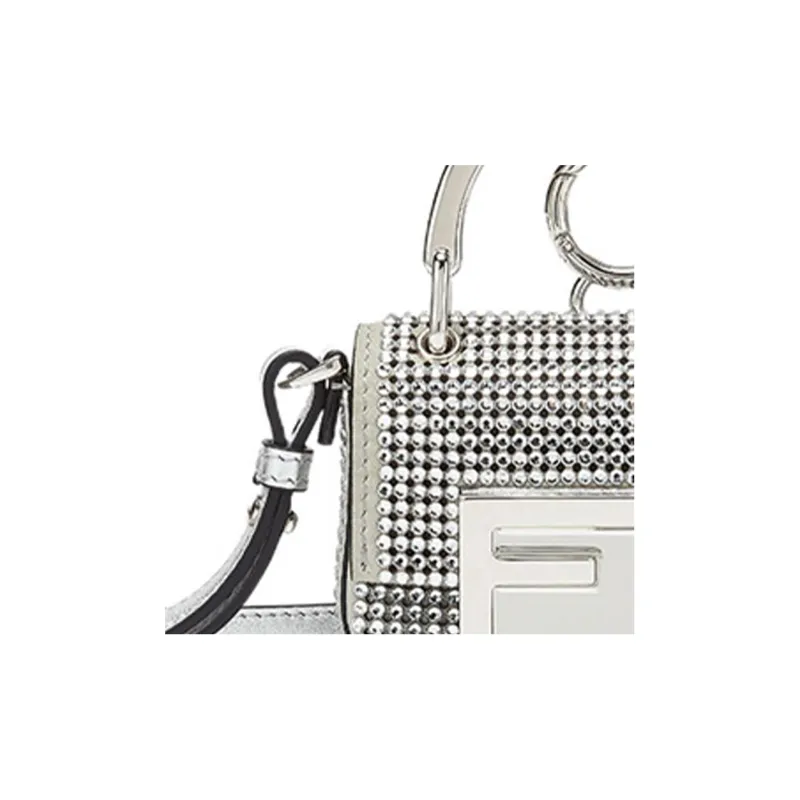 FENDI Baguette Calfskin Shoulder Bag Crossbody Bag Handbag Mini Women's Silver-4