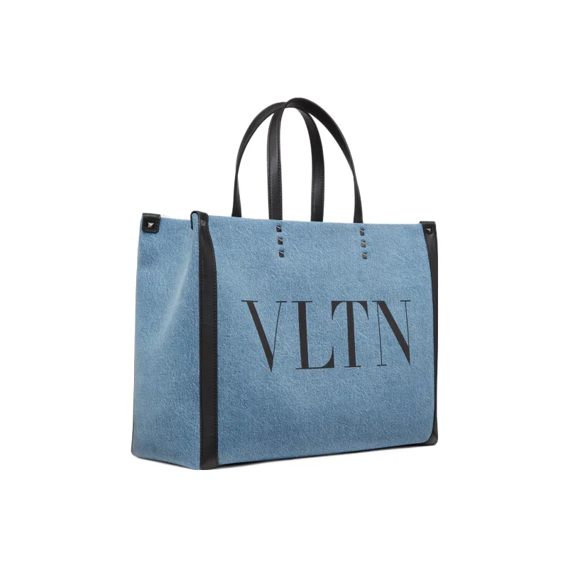 Valentino VLTN Denim Tote Bag, Shopping Bag, Handbag Medium Size Men's Denim Blue/Black-1