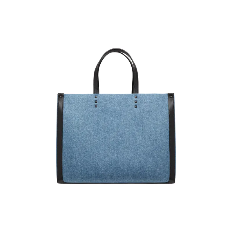 Valentino VLTN Denim Tote Bag, Shopping Bag, Handbag Medium Size Men's Denim Blue/Black-2