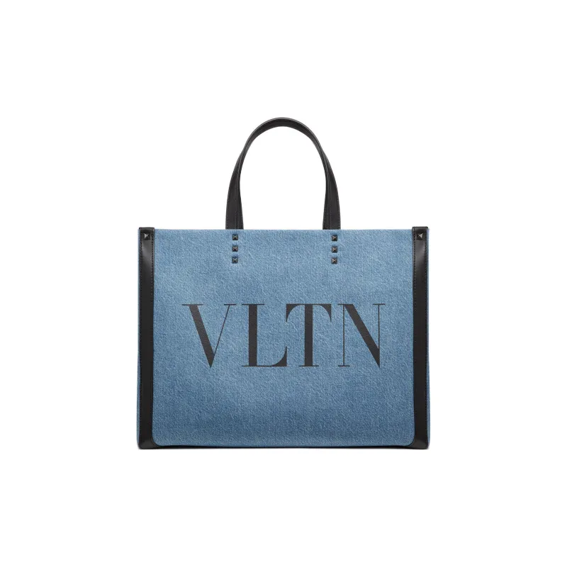 Valentino VLTN Denim Tote Bag, Shopping Bag, Handbag Medium Size Men's Denim Blue/Black-0