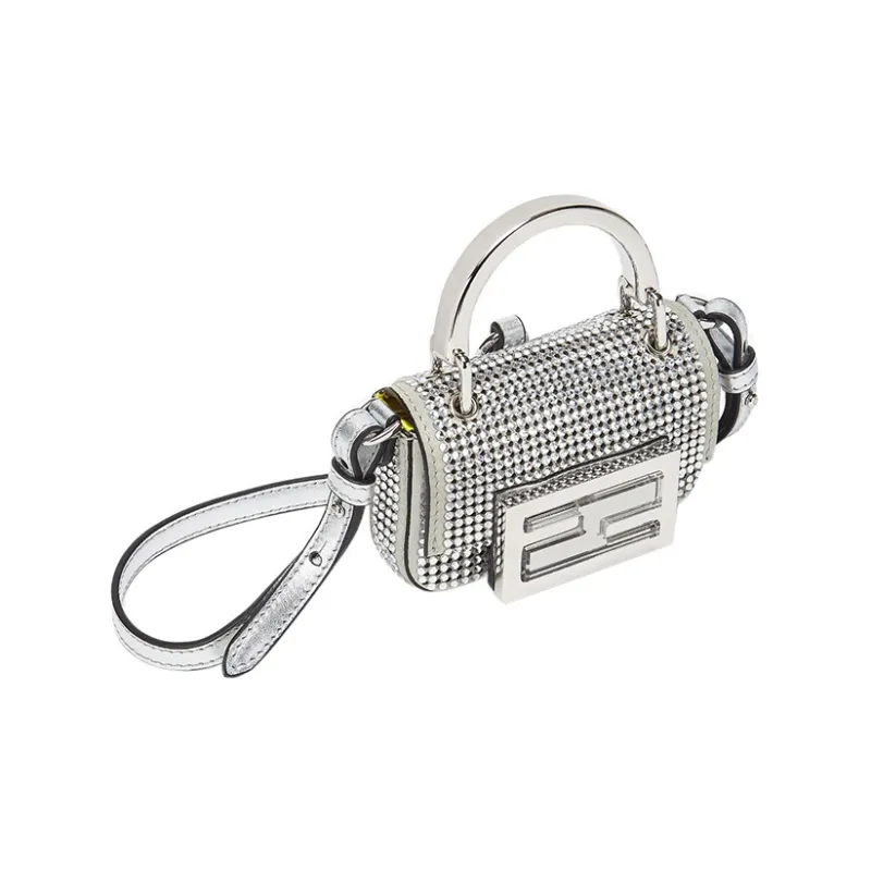 FENDI Baguette Calfskin Shoulder Bag Crossbody Bag Handbag Mini Women's Silver-1