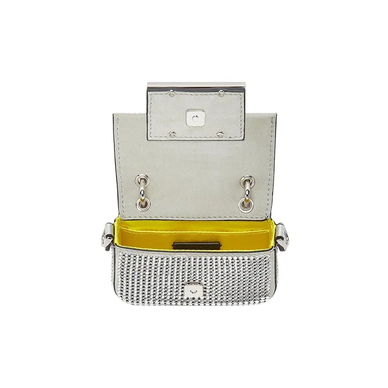 FENDI Baguette Calfskin Shoulder Bag Crossbody Bag Handbag Mini Women's Silver-3