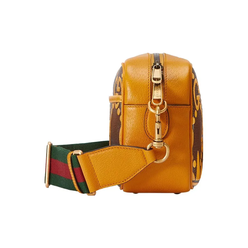 GUCCI Adidas Collaboration Leather Camera Bag Shoulder Bag Crossbody Bag Small Size Men's Brown/Yellow-2