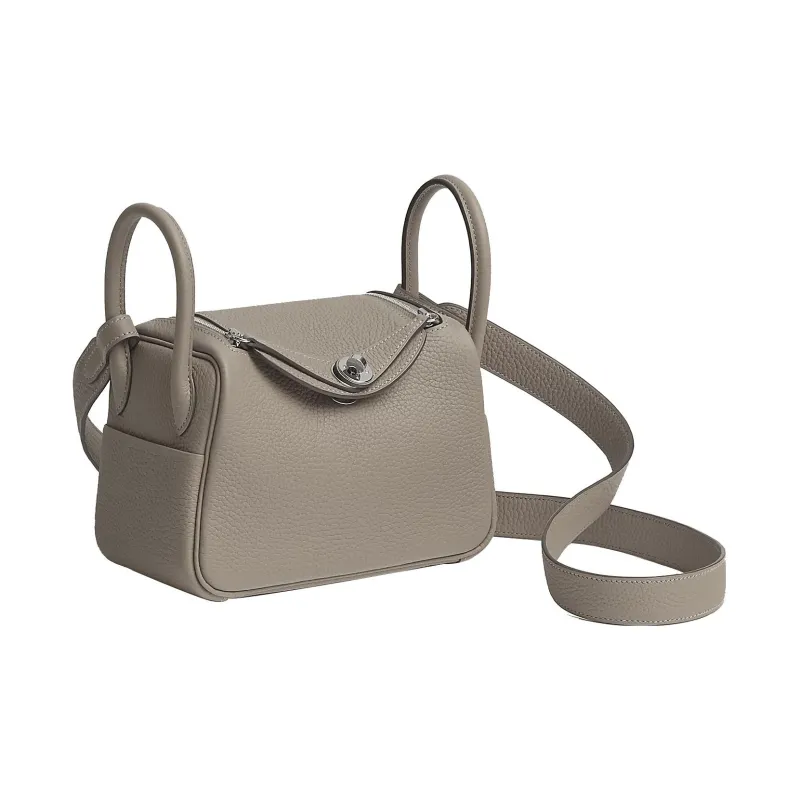 HERMES Lindy Clemence Bullock Leather Portable Crossbody Bag, Shoulder Bag Mini Women's 8L Beton Glacier White-1