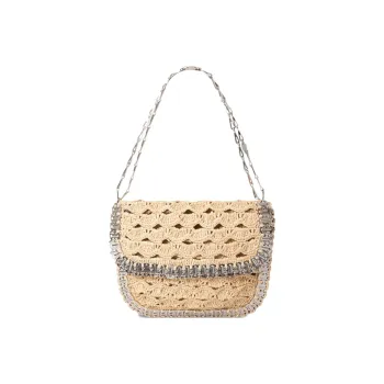 Paco Rabanne Raffia Messenger Bag Handbag Shoulder Bag Crossbody Bag Large Size Women's Beige/Silver