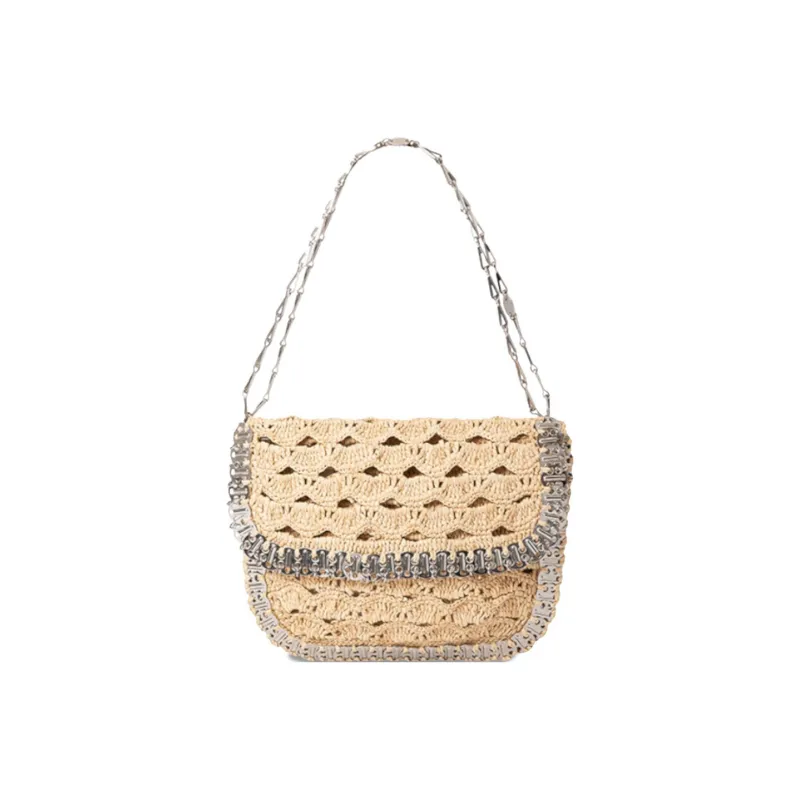 Paco Rabanne Raffia Messenger Bag Handbag Shoulder Bag Crossbody Bag Large Size Women's Beige/Silver-0