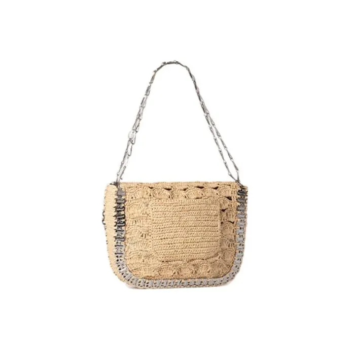 Paco Rabanne Raffia Messenger Bag Handbag Shoulder Bag Crossbody Bag Large Size Women's Beige/Silver-1