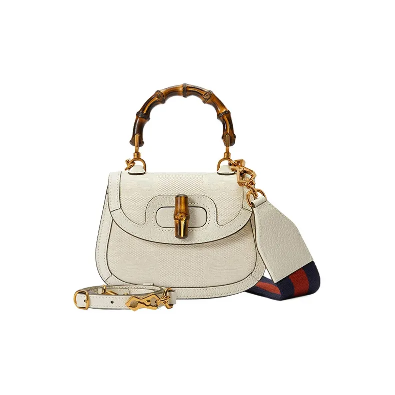 GUCCI Bamboo 1947 Canvas With Leather Trim Bamboo Bag Handbags Shoulder Bags Mini Women's White-1