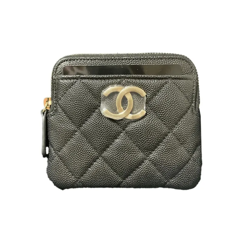 CHANEL Embossed Calfskin With Gold Metal Coin Purse Women's Black-0
