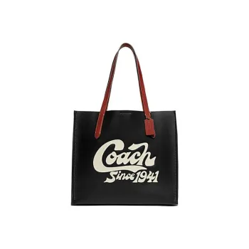 COACH Tote Pebbled Leather With Canvas Accents One Shoulder Handbags Large Size Women's Black