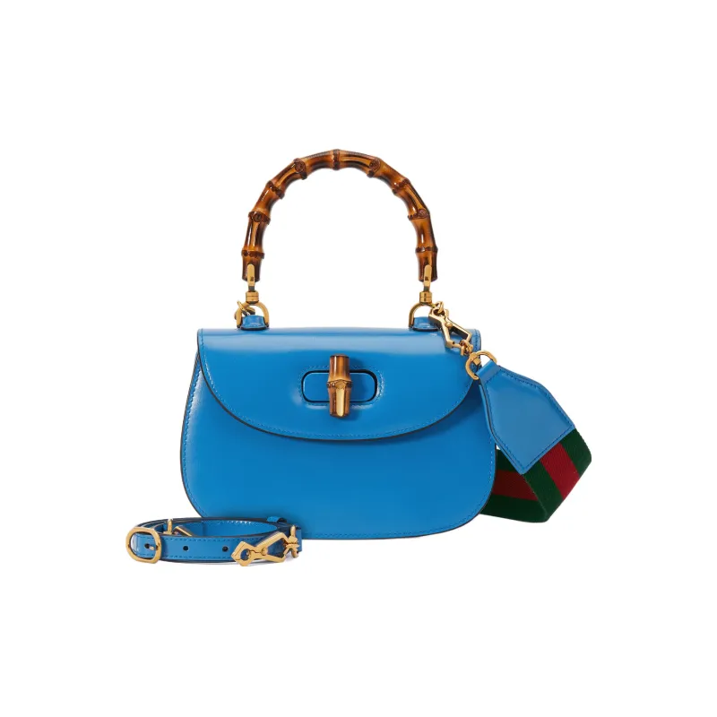 GUCCI Bamboo 1947 Leather Shoulder Bag Crossbody Bag Handbag Small Size Women's Blue-2