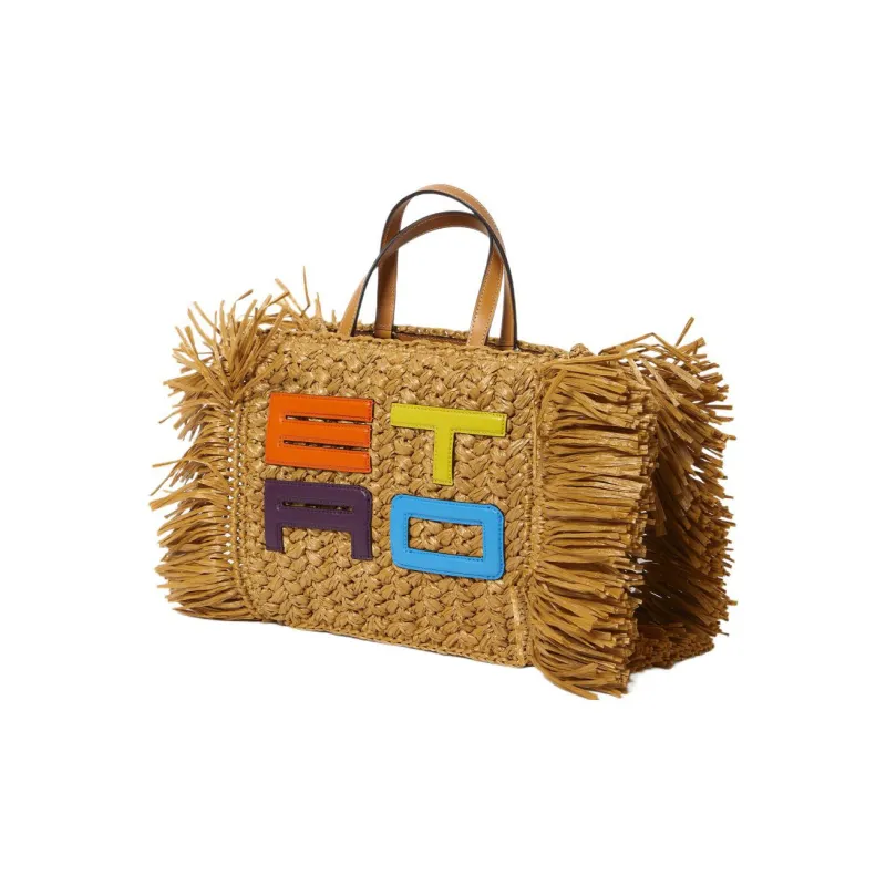 ETRO Raffia With Leather Tote Bag Shopping Bag Portable Crossbody Bag Shoulder Bag Women's Multicolor-1