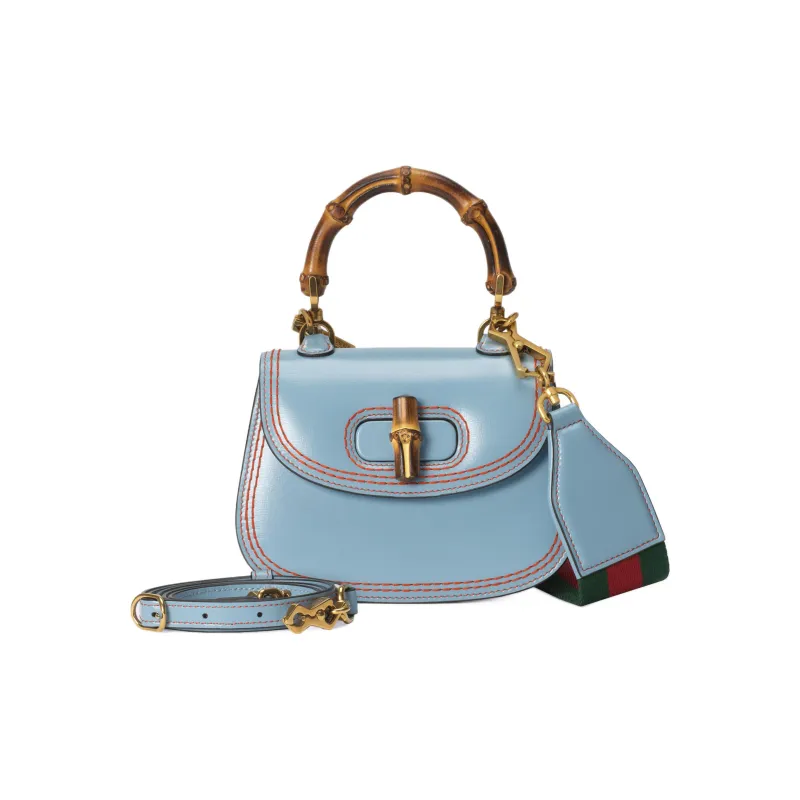 GUCCI Bamboo 1947 Leather Bamboo Bag Handbags Shoulder Bags Mini Women's Blue/Red-2
