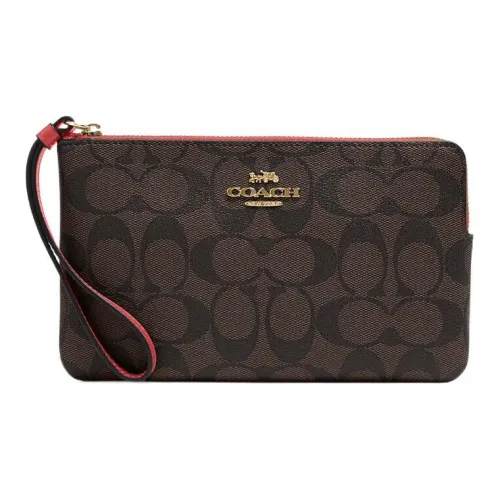 COACH Corner Zip Coated Canvas With Smooth Leather Wrist Bags Clutches Small Size Women's Brown