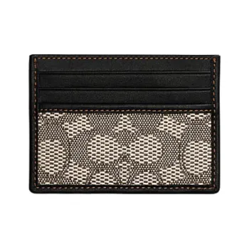 COACH Card Case Jacquard Fabric With Cow Leather Patchwork Card Holder Mini Women's Black & Gray