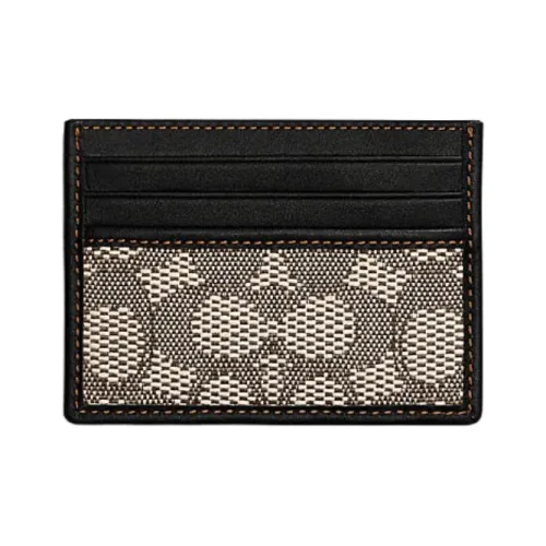 COACH Card Case Jacquard Fabric With Cow Leather Patchwork Card Holder Mini Women's Black & Gray