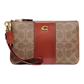 COACH Wristlet Coated Canvas With Calfskin Clutch Wrist Bag Small Size Women's Brown Yellow & Rust