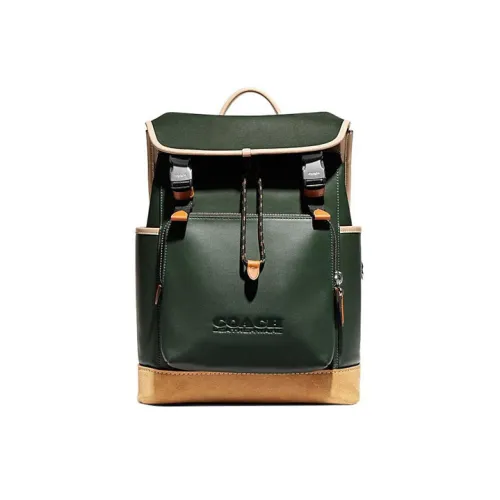 COACH League Cow Leather With Fabric Backpack Large Size Women's Green & Beige